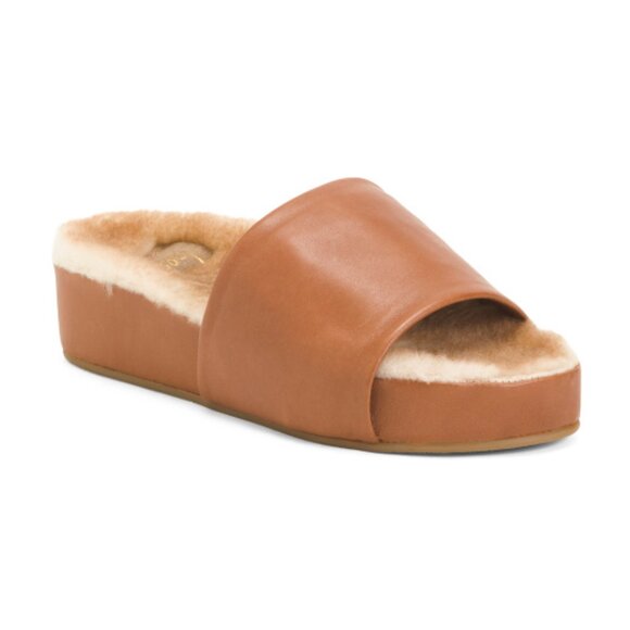 beek Cognac leather and Shearling Pelican Slide Sandals - Picture 1 of 3